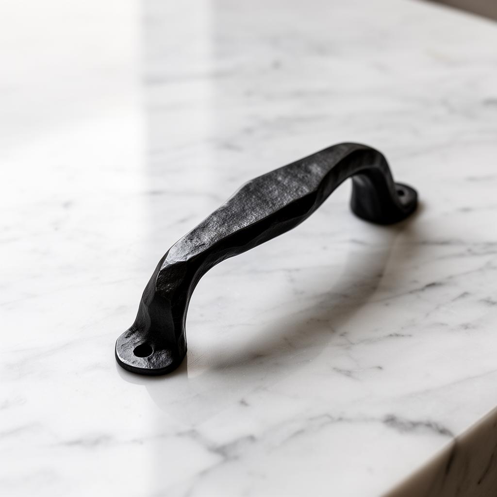 Hand-forged matte black iron door handle on white marble